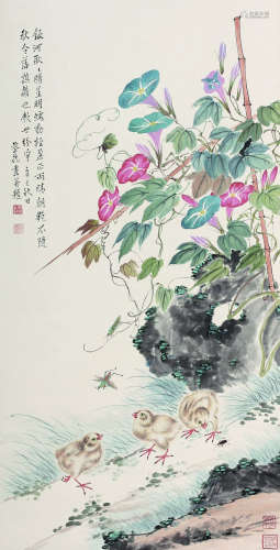 蔡铣（1871～1946） 花卉小鸟 立轴 纸本设色