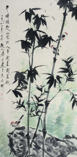 唐云（1910～1993） 1982年作   竹雀图 立轴 纸本设色