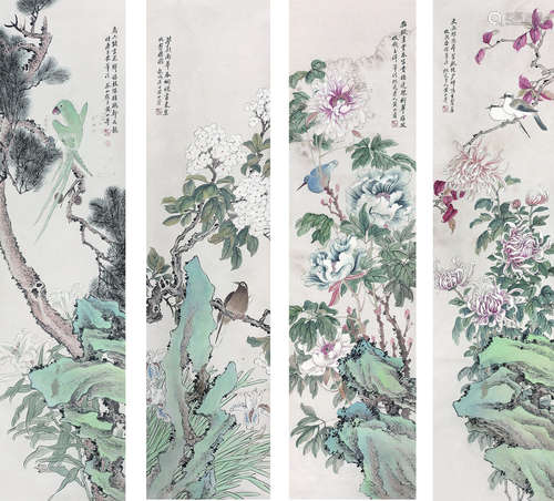 黄山寿（1855～1919） 花鸟 四屏立轴 纸本设色