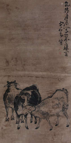 黄慎（1687～1766） 指画·三羊开泰 立轴 纸本设色