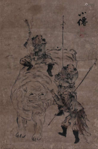 吴伟（1459～1508） 指画·戏象图 立轴 纸本设色