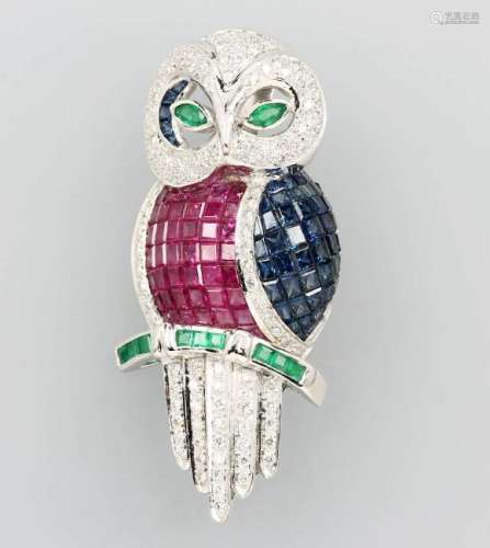 18 kt gold brooch/pendant 'owl' with coloured stones