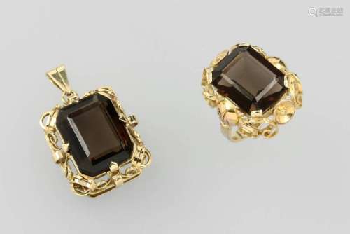 14 kt gold jewelry set with smoky quartz