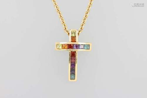 18 kt gold crosspendant with coloured stones