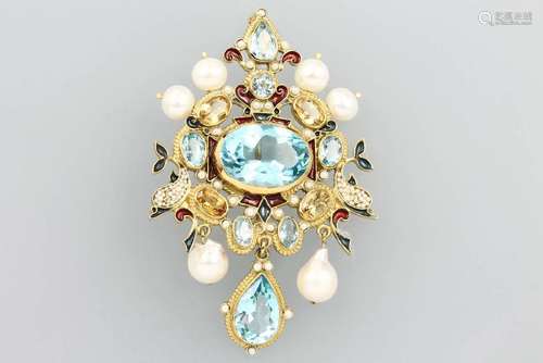 18 kt gold brooch with coloured stones and pearl