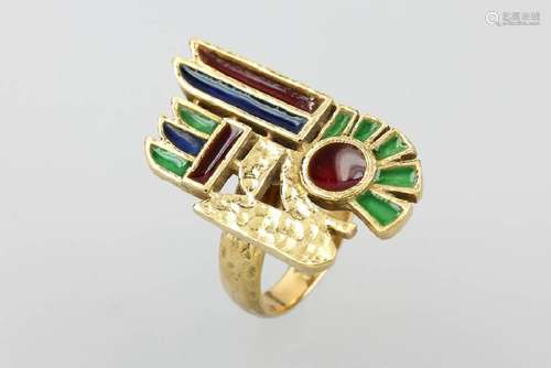 18 kt gold designerring with plique-a-jour enamel