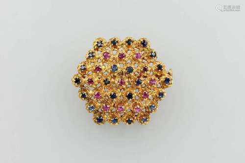 18 kt gold brooch with rubies and sapphires