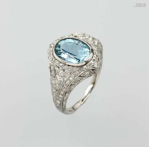 Platinum ring with diamonds and aquamarine