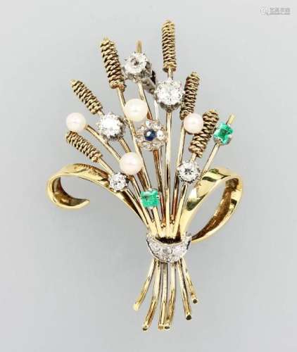 14 kt gold brooch 'bunch of flowers' with coloured
