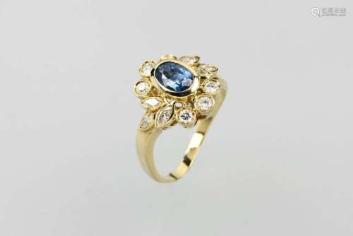 18 kt gold blossom ring with sapphire and diamonds