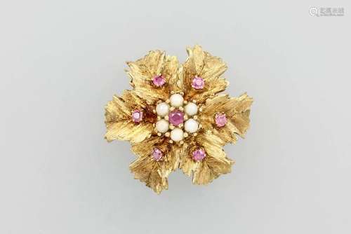 18 kt gold brooch with rubies and pearl