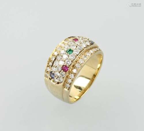 14 kt gold ring with coloured stones and brilliants