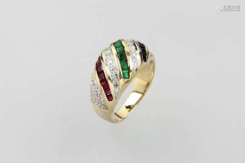 14 kt gold ring with coloured stones and diamonds