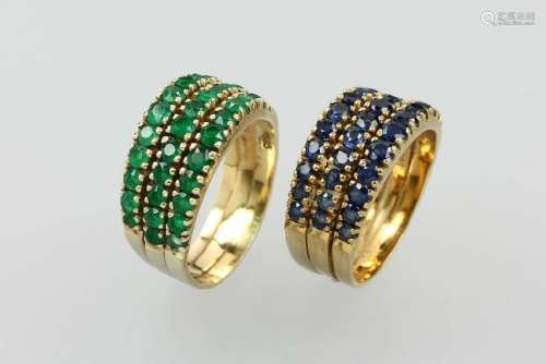 14 kt gold ring set with coloured stones
