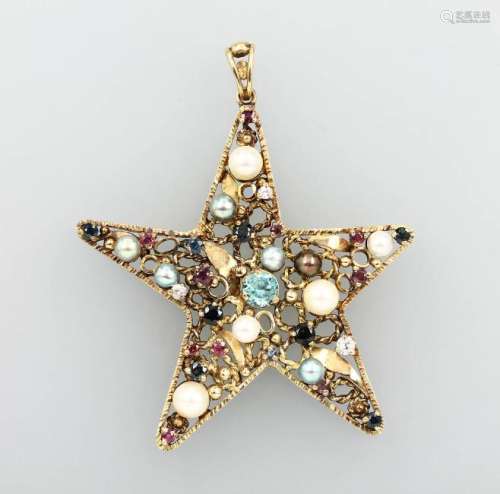 14 kt gold star pendant with coloured stones and pearls