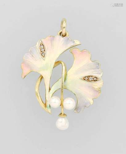 14 kt gold pendant 'blossom' with enamel, diamonds and