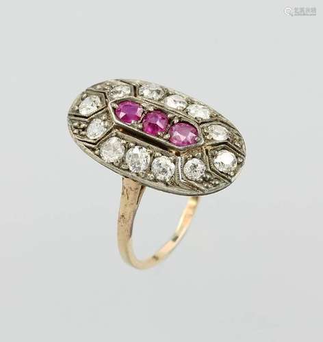 Art-Deco ring with rubies and diamonds, YG 585/000 and