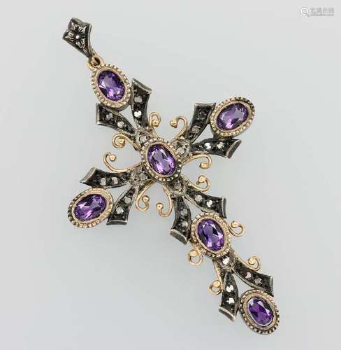 Crosspendant with amethysts, YG 333/000 and silver