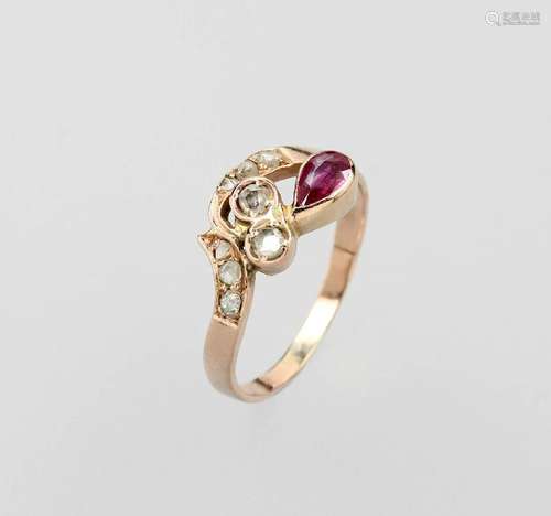 14 kt gold ring with synth. ruby and diamonds