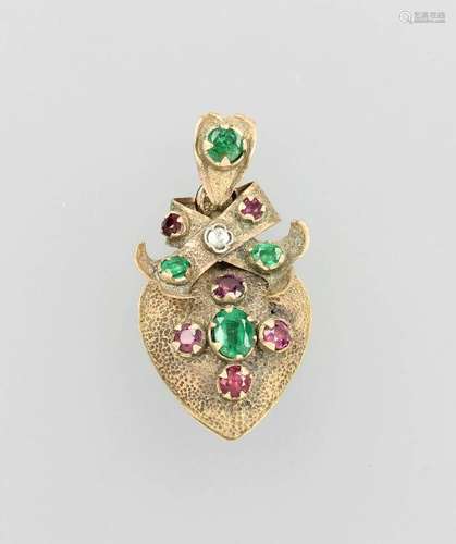 9 kt gold heartpendant with coloured stones