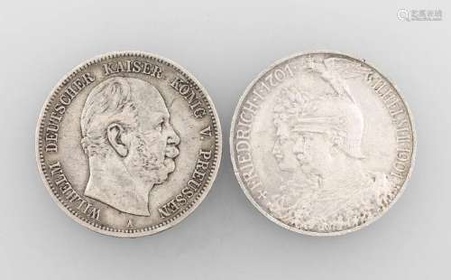 2 silver coins, 1x 5 Mark, German Reich 1901, Friedrich
