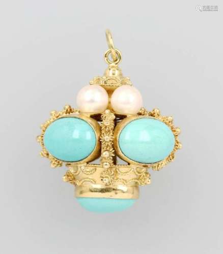 Gold pendant with turquoises and pearls, Italy approx.