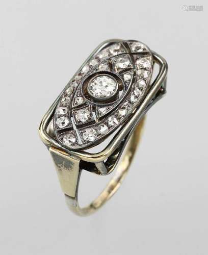 Art-Deco ring with diamonds, YG 585/000 and silver