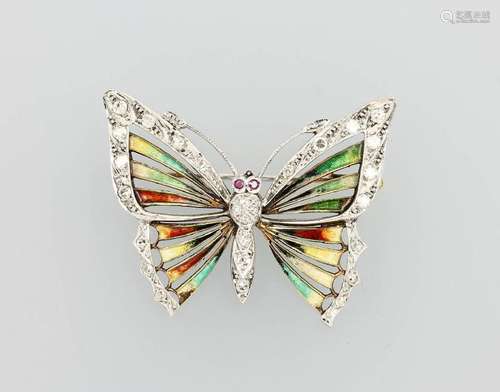 14 kt gold brooch 'butterfly' with enamel and diamonds