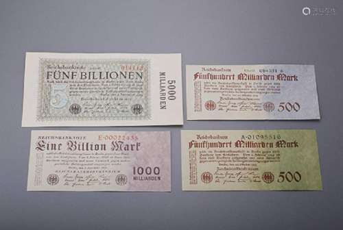 Lot 4 banknotes, German Reich, 1923