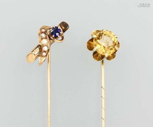 Lot 2 14 kt gold tie pins, german approx. 1900