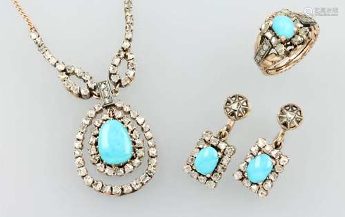 14 kt gold jewelry set with turquoises and diamonds