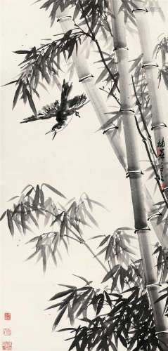卢坤峰（b.1934） 竹雀图 立轴 水墨纸本