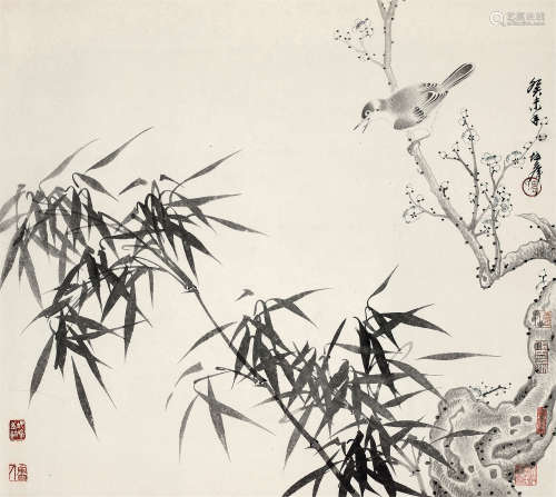 卢坤峰（b.1934） 梅竹灵雀 立轴 水墨纸本