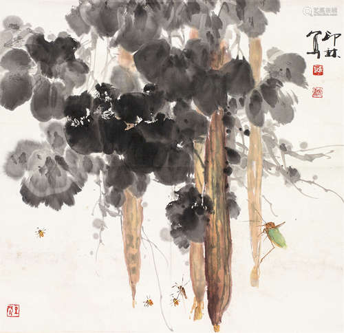 萧朗（1917～2010） 丝瓜蜜蜂 镜心 设色纸本