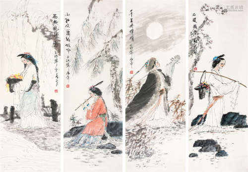 刘兆平（b.1950） 人物 四屏镜心 设色纸本