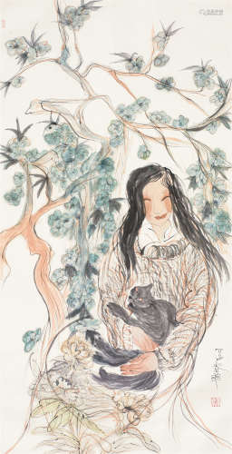 杨春华（b.1953） 抱猫少女 镜心 设色纸本