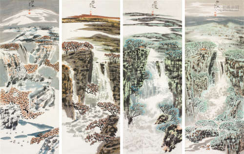 王隽珠（b.1950） 山水 四屏镜心 设色纸本