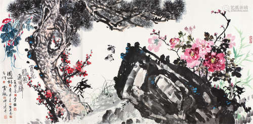 王成喜（b.1940） 百花竞艳 镜心 设色纸本