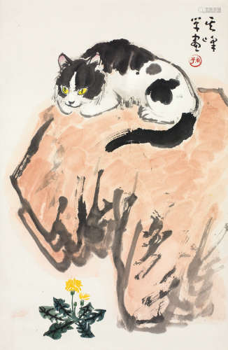 孙其峰（b.1920） 猫石图 镜心 设色纸本