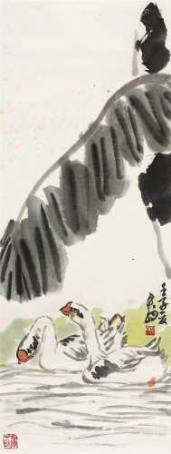 来楚生（1903～1975） 蕉荫双鹅 立轴 设色纸本