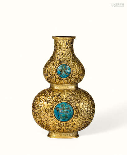 清 铜鎏金錾胎填珐琅大吉葫芦壁瓶