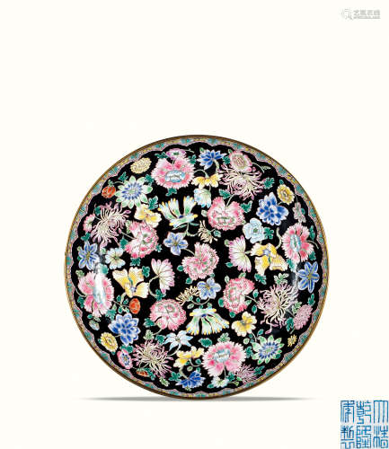 清乾隆 铜胎画珐琅墨地花卉纹盘