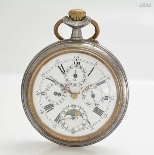 Open face pocket watch with complete calendar