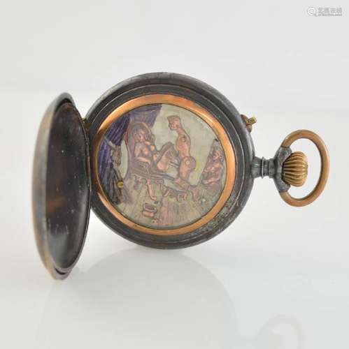 Open face pocket watch with erotic Jacquemarts