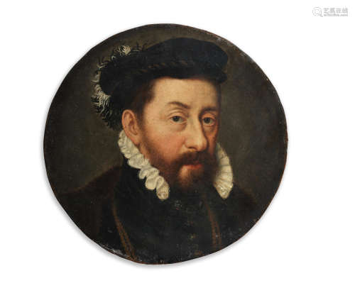 Portrait of a gentleman, traditionally identified as the Duke of Montmorency (1493-1567), bust-length, in fur-trimmed,  black costume 18.2cm (7 3/16in). diameter Circle of Willem Key(Breda circa 1515-1568 Antwerp)