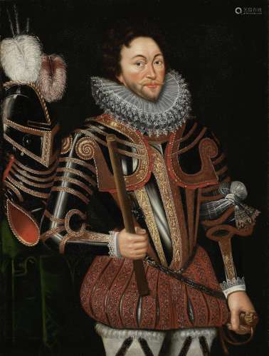 Portrait of Sir Francis Drake (circa 1540-1596), three-quarter-length, in half-armour, blackened and gilded, ornately decorated with depictions of trophies of arms, holding a baton in his right hand and a rapier in his left, standing beside a plumed helmet on a table draped with a green cloth Anglo-Dutch Schoollate 16th/early 17th Century