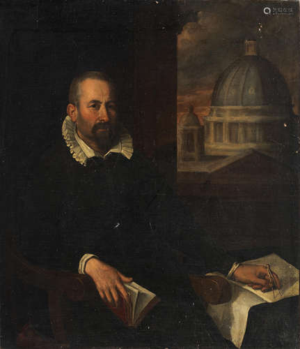 Portrait of the architect, Domenico Fontana (1543-1607), three-quarter-length, seated beside a desk with a book in one hand and a pair of dividers in the other, a view of the dome of Saint Peter's, Rome, beyond Pietro Facchetti(Mantua 1535-1619 Rome)