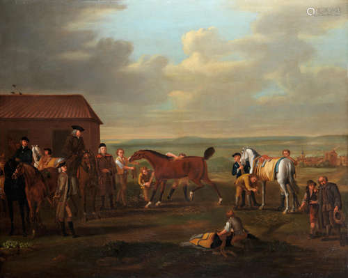 Flying Childers and other horses being rubbed down at Newmarket with William, 2nd Duke of Devonshire looking on Studio of John Wootton(Snitterfield 1682-1764 London)