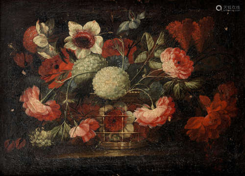 A still life of roses, poppies, chrysanthemums and other flowers in a basket on a stone ledge; and   (2) José de Arellano(Madrid 1665-circa 1710)