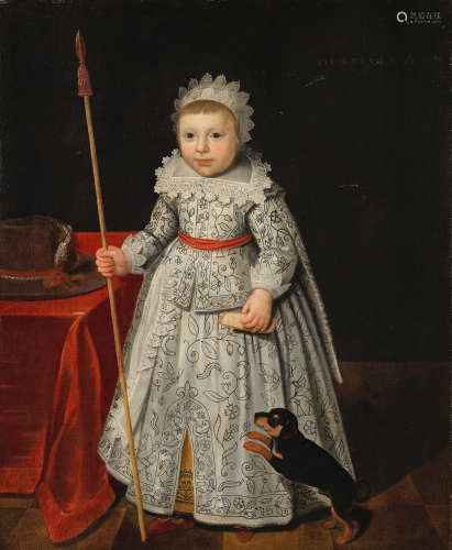 Portrait of a child, full-length, standing, holding a toy lance, with his dog English Schoolcirca 1630
